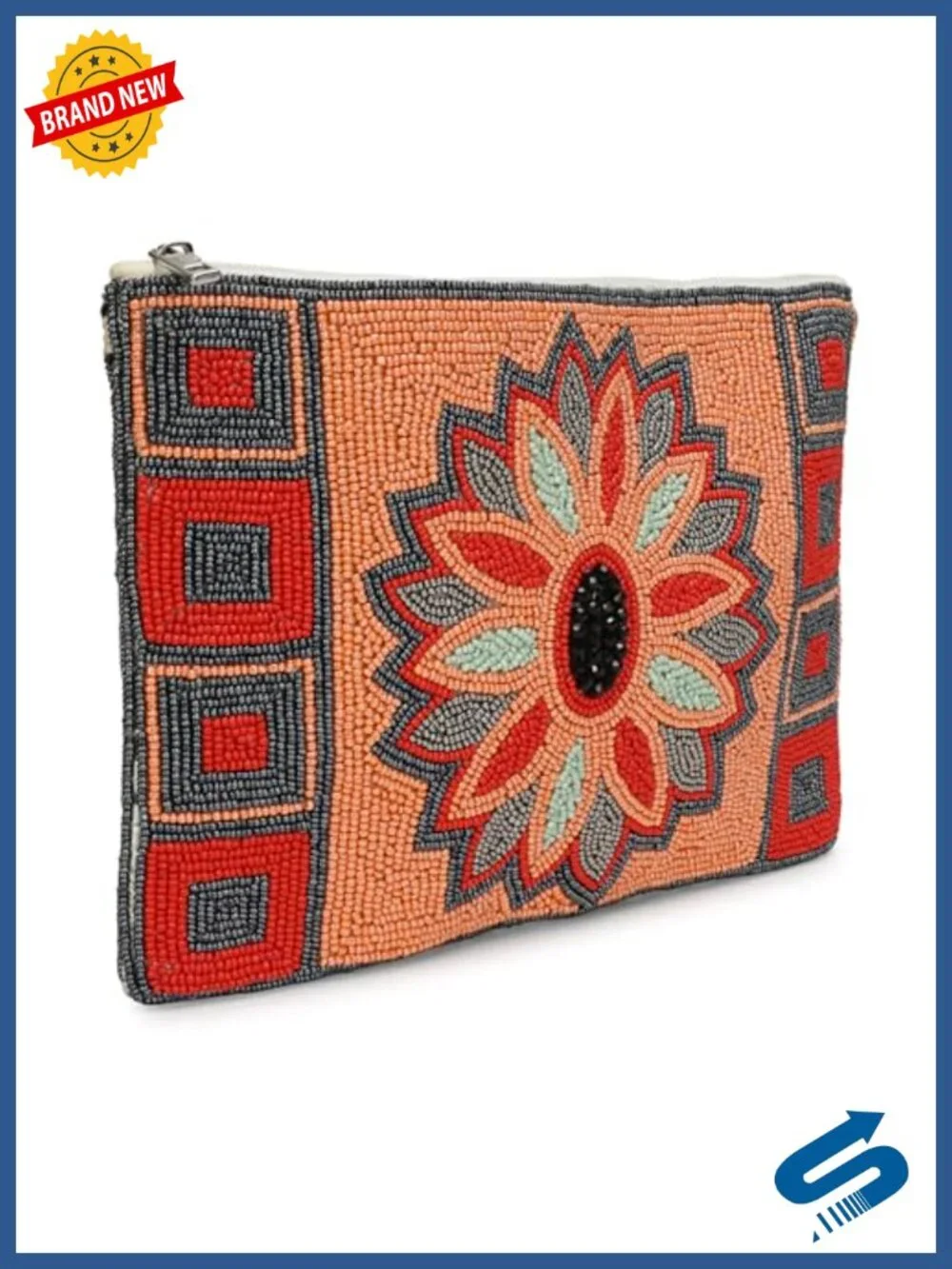 Beaded Evening Handbag Floral Clutch Purse with Detachable Chain Strap